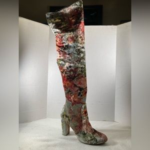 Desice Green and Pink Velvet Floral Over The Knee Boots
